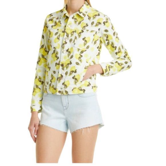 NWOT L'AGENCE Yellow Celine Lemon Print Stretch Cotton Trucker Jacket (S) - Picture 12 of 13